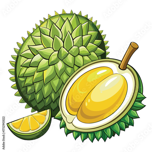 Whole durian fruit sits beside halved section revealing golden pulp alongside smaller slice