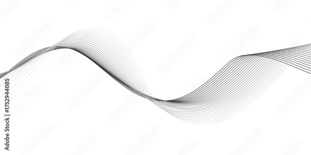 Fototapeta premium Abstract smooth black and white wave lines on a white background. Minimal futuristic flowing motion pattern, elegant curve design, digital art backdrop for technology, sound, and energy concepts.