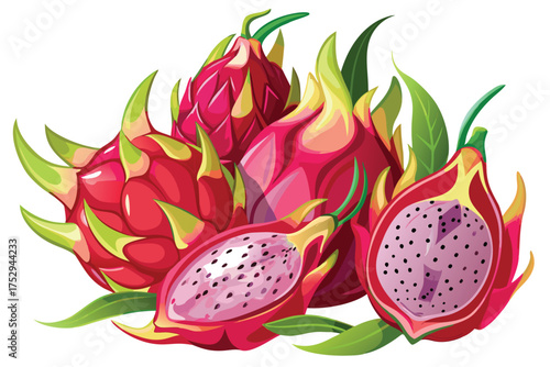 Vibrant dragon fruit composition exhibits its unique texture, bold colors, and intricate shapes beautifully