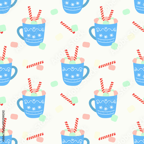 Christmas pattern with blue cup of hot drink, mug of hot cocoa with marshmallows and wafer rolls, Christmas cup with snowflake ornament. Winter drink.