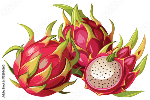 Three whole dragon fruits along with a sliced one sit together closely