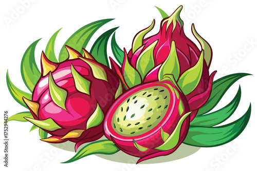 Three vibrant dragon fruits with green leaves present a refreshing exotic taste