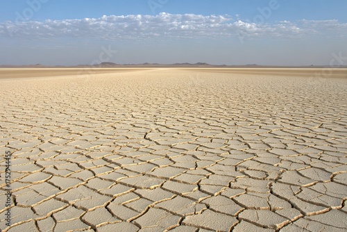 Arid cracked earth stretches toward distant mountains, sky