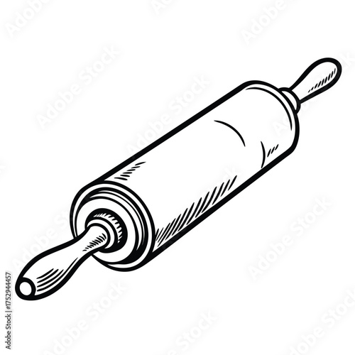 Isolated monochrome sketch showing a wooden rolling pin on a simple white backdrop
