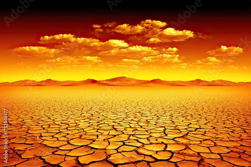 Arid landscape, cracked earth under a fiery sky and distant hills