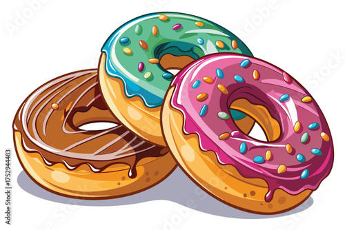 Stack of delectable doughnuts featuring colorful icing and sprinkles is displayed on a white backdrop