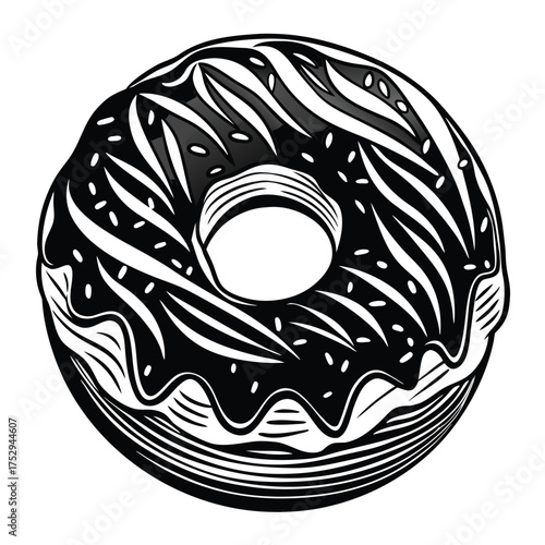 Stylized black and white doughnut illustration features glossy icing, sprinkles, and a striped bottom