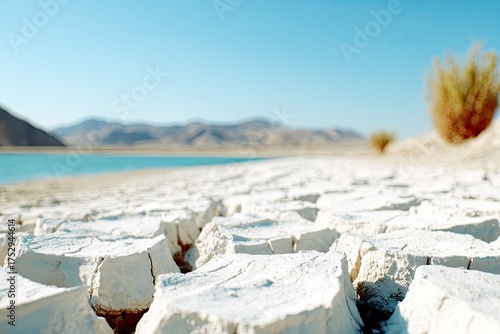 Cracked, dry earth leads to water under a clear blue sky