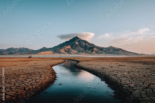 Mountain peak reflected in water amidst cracked, dry earth, scenic
