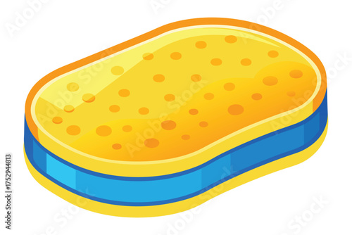 Isometric dish sponge featuring yellow porous texture and blue scrub strip presents a simple vector