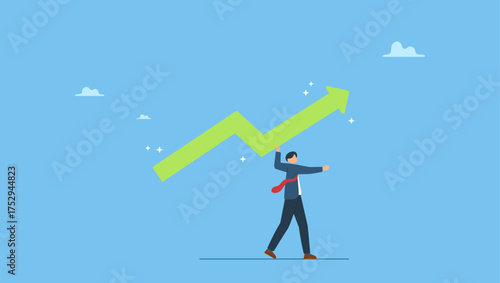Strong businessman throwing green rising up arrow javelin. Business growth and improvement, target high profit, stock market soaring, bull market or economic prosperity.