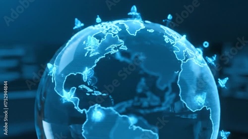 Digital globe with light trails and global network visualization