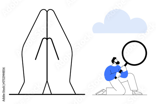 Large hands in prayer position paired with a man kneeling while investigating with a magnifying glass under a cloud. Ideal for exploration, reflection, spirituality, curiosity, research