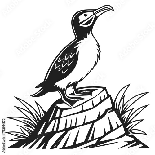razorbill stands on rugged stump amid stylized grass blades in stark black and white