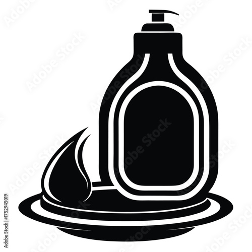 Stylized black liquid soap bottle is placed on a round dish with liquid