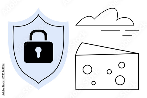 Shield with a lock symbol, wedge of cheese with holes, and cloud. Ideal for cybersecurity, risk management, data protection, systems vulnerability, cloud computing, safety simple flat metaphor