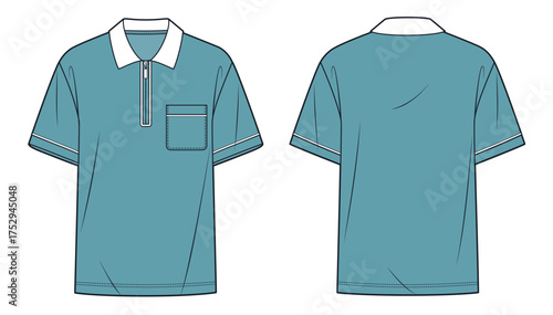Half Zip Polo Shirt with pocket technical fashion illustration. Blue green T-Shirt fashion flat technical drawing template, collar, relaxed fit, front, back view, women, men, unisex Top CAD mockup.