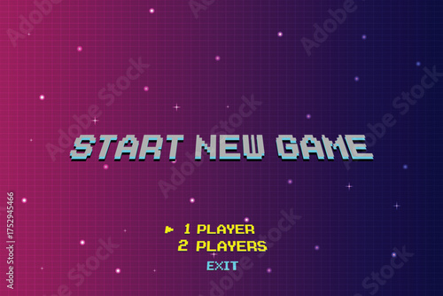 Start a new game. Pixel art game. 8 bit. Retro futuristic sci-fi background. Glowing neon grid and stars from vintage arcade games.