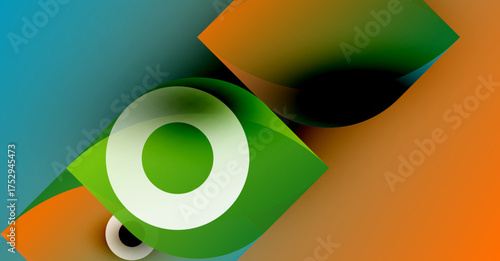 Abstract shapes overlap, creating vibrant color blends. Green, orange, blue hues dominate composition. Smooth gradients define forms.