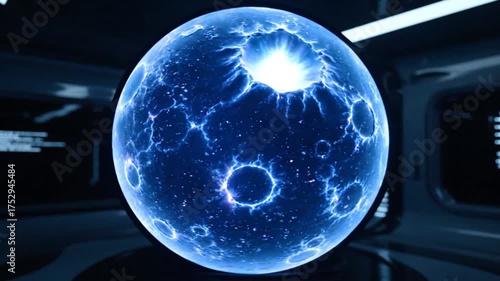 Futuristic digital sphere displaying energy and technical data