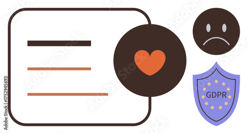 Brown text lines, heart symbol, GDPR shield, and sad face icon emphasize data privacy, compliance, and emotional impact. Ideal for security, trust, user experience regulations consent ethics