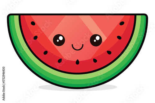 A cartoon watermelon slice smiles with big round eyes and a happy little face
