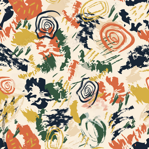 Dynamic abstract pattern featuring energetic brush strokes and whimsical spirals in a lively color palette. Ideal for textiles, fashion, and any project seeking an artistic and organic feel