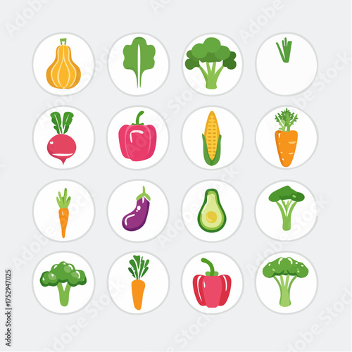 A vibrant collection of fresh organic vegetable icons, showcasing a diverse array of healthy produce for balanced nutrition, cooking, and healthy lifestyle design elements