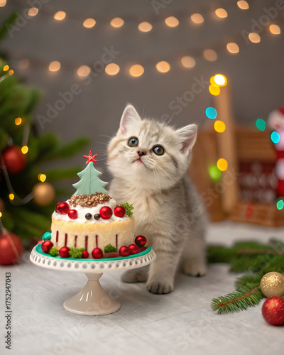 A British kitten, which with a solemn and happy look carries a small birthday cake in its paws