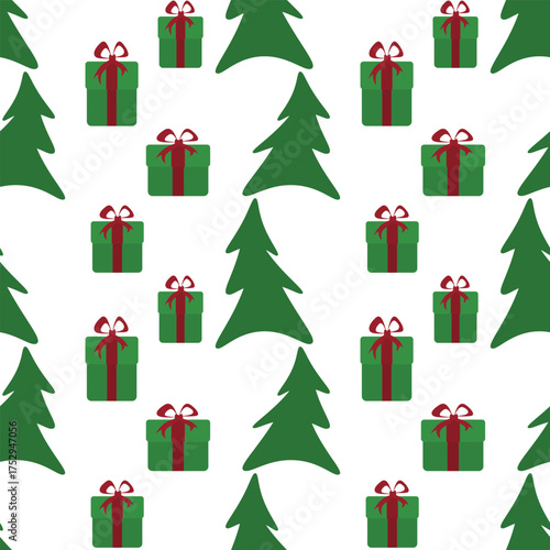 Simple seamless vector pattern featuring scattered flat green Christmas trees and festive gift boxes with red bows, ideal for children's holiday apparel or wrapping paper.