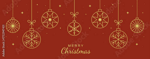 Merry Christmas web banner of gold ball. Art deco style. Hanging ball ornament. Luxury Xmas backgrounds.