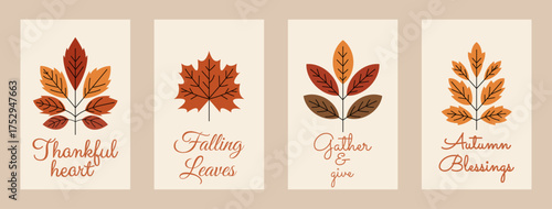 Autumn leaf illustration set with thankful quotes, fall foliage typography design, cozy seasonal greeting cards, Thanksgiving wall art printable 