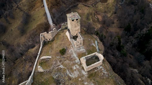 The Castle of Graines Val D'Ayas, Aosta valley, aerial top down view