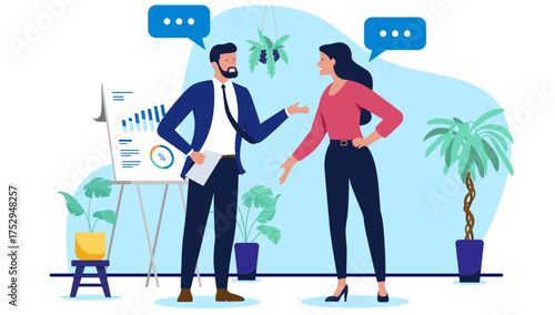 Business man and woman have an office conversation or discussion about a project displayed on a chart with speech bubbles in a flat design vector illustration