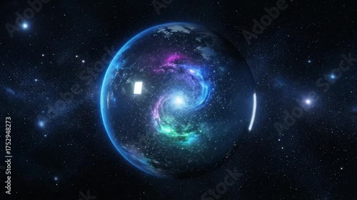 Abstract sphere depicting the cosmos with swirling galaxies and stars