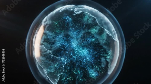 Animated earth inside transparent sphere against dark background