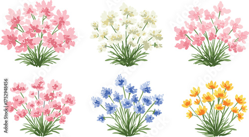 Flowers, colorful blossoms, pink petals, white flowers, blue blooms, yellow blossoms, garden plants, nature illustration, decorative flora, vibrant bouquet, seasonal 