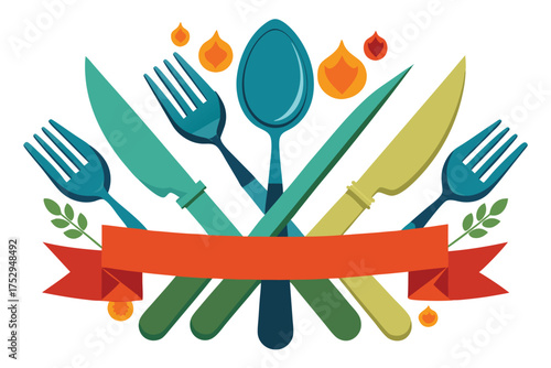 Decorative arrangement of crossed flatware with a vibrant orange ribbon and stylized flames on white