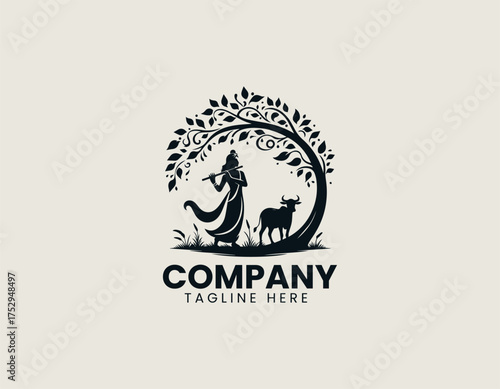 Stylized Hindu deity Krishna silhouette vector illustration playing flute under tree with cow. Religious art concept