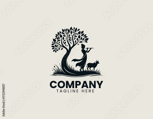 Stylized Hindu deity Krishna silhouette vector illustration playing flute under tree with cow. Religious art concept