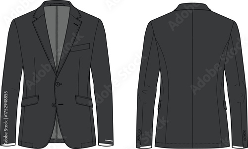 Men blazer flat sketch front back view, tailored jacket template, fashion clothing design, formal wear illustration, apparel mockup, garment technical 
