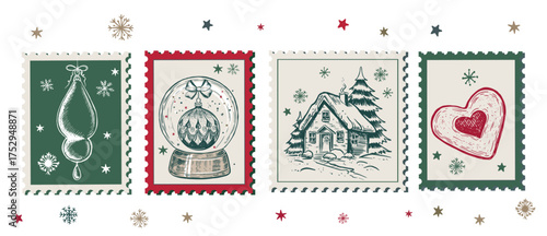 Christmas Stamps, mail, Advent calendar, postcard hand-drawn illustrations.