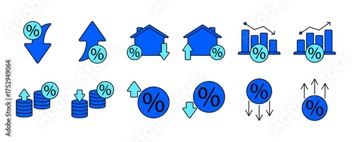 Low and high interest rate icon set. Percentage, growth, decline, mortgage, loan and finance symbols with up and down arrows for banking and economy. Solid vector icons collection.