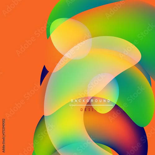 Vibrant abstract design. Overlapping colorful shapes create dynamic visual effect. Orange background complements flowing forms.