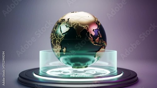 Digital globe displayed on futuristic platform with conceptual lighting