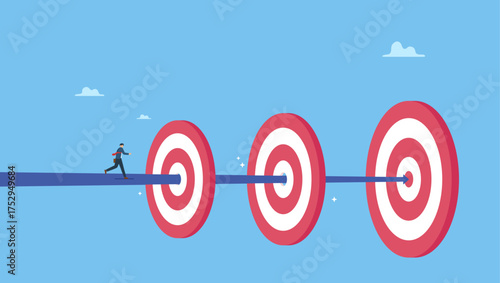 Businessman running to short, medium and long term goals. Short term, mid-term and long term goals, step to reach success or achievement, aim for targets, objectives or purpose, challenge to goals.