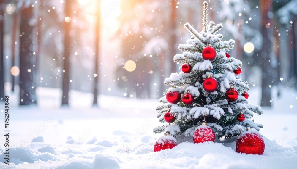 Obraz premium Snowy Christmas scene with decorated tree, red ornaments, and a winter forest background