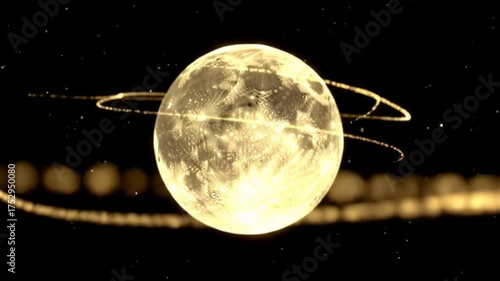 Glowing full moon with orbital trails against a dark background
