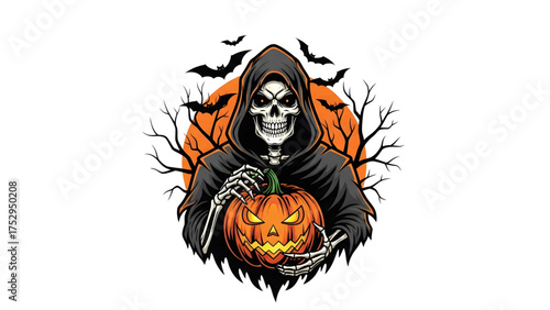 Grim Reaper Holding Jack-o'-Lantern  suitable for t - shirt designs