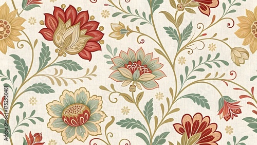 Muted Vintage Woven Fabric with Botanical Motifs